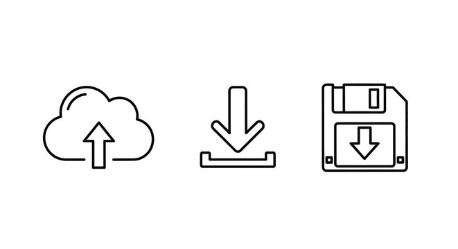 Cloud upload download and floppy disk icons in black line style