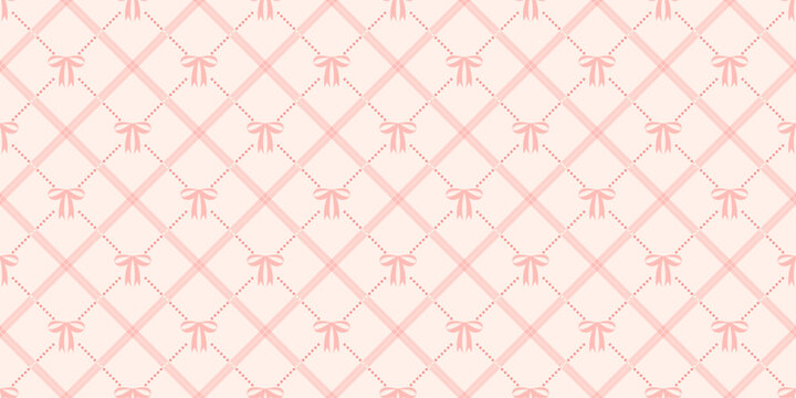 Coquette seamless pattern pink bow with ribbons on pastel backdrop. Checkered wrapping paper background for birthday, holiday and Valentine's Day. Cute repeat wallpaper texture. Vector illustration