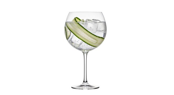 Refreshing gin and tonic cocktail garnished with thin green cucumber slices inside glass on white background