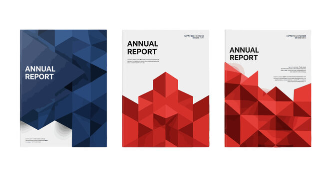Modern geometric annual report cover templates, professional corporate brochure design with 3D polygon patterns, blue and red business flyer vector set