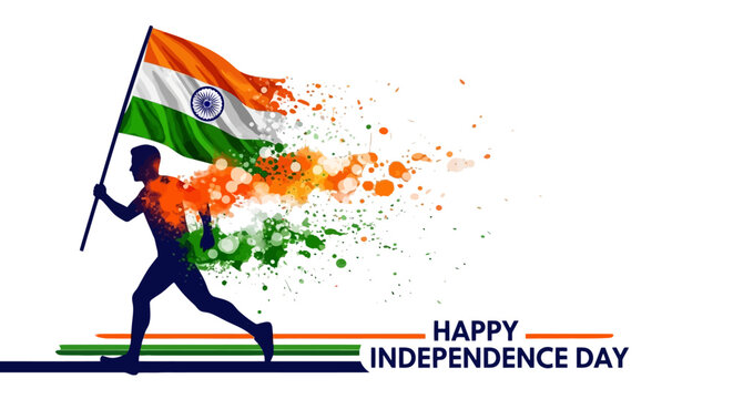 Indian Independence Day vector with running man silhouette, tricolor flag with paint splash effect, patriotic celebration banner