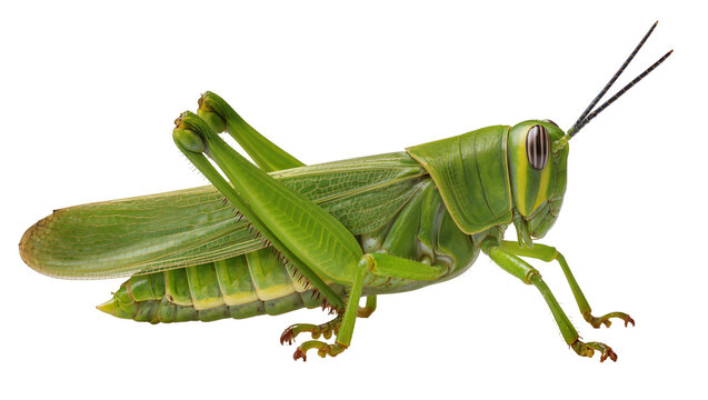 Green grasshopper with yellow stripes on head and body