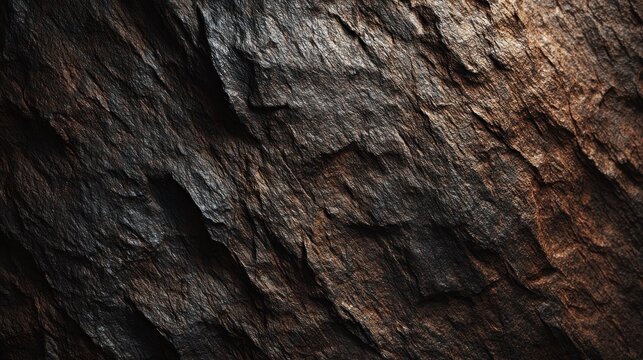Dark rough natural stone surface exhibits pronounced texture and rich tonal variation