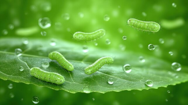 Several small, bright green larvae crawl on a damp foliage surface surrounded by water droplets.