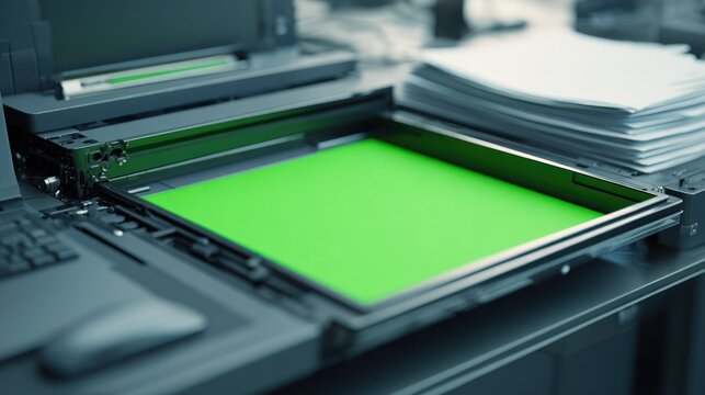Modern printer scanning document with green screen against technology background
