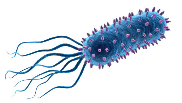 Blue bacterium with flagella and purple spikes
