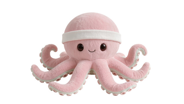 Pink plush octopus toy with white headband and cute face
