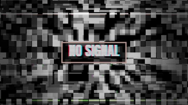 No Signal Television Glitch: A television screen displaying a NO SIGNAL message amidst a chaotic and pixelated static interference, symbolizing connection loss or technical failure.