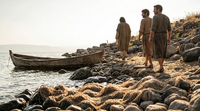 Jesus walking with men by the sea of Galilee. Biblical scene depicting the calling of the disciples. Historical religious narrative of faith, vocation, and following a spiritual leader.