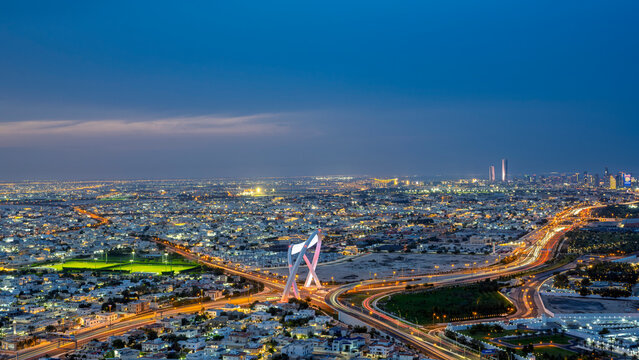 Aerial view of Al Wahda Bridge The Tallest Monument of Doha City. known as 56 Bridge of Arch	