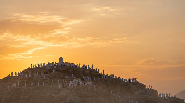 Sacred Mount Arafat sunrise captures pilgrims silhouettes against bright morning sky. Glowing clouds illuminate spiritual gathering on Mount Arafat.