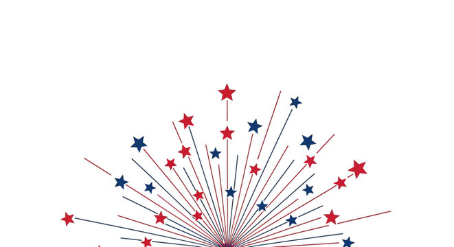 Patriotic red and blue firework burst with stars, festive American holiday starburst vector, celebratory firework display on white background