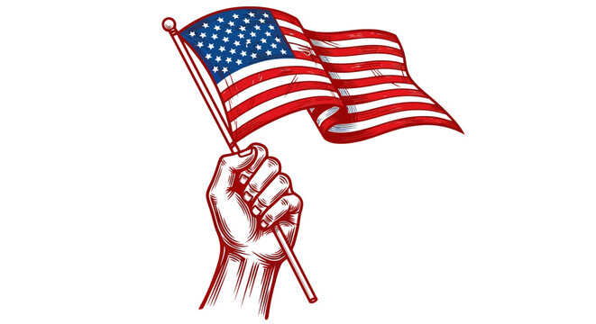 Vintage American flag held in hand vector, patriotic fist holding USA flag, retro woodcut style United States banner for Fourth of July and Veterans Day