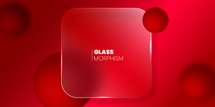 Abstract background with glass morphism effects with a matte translucent square panel and red spheres hovering against a deep red background. Fashion design for user interfaces and websites.