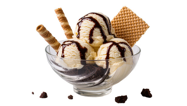Vanilla ice cream sundae with chocolate syrup wafer cookie, and wafer rolls