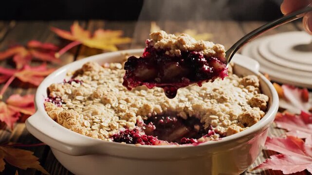 Homemade berry crumble with spoon on wooden table, autumn leaves