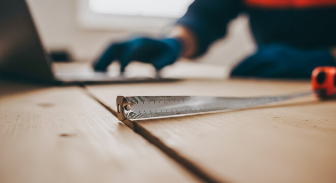 Metal tape measure on wooden planks with worker using laptop in background representing precision construction planning