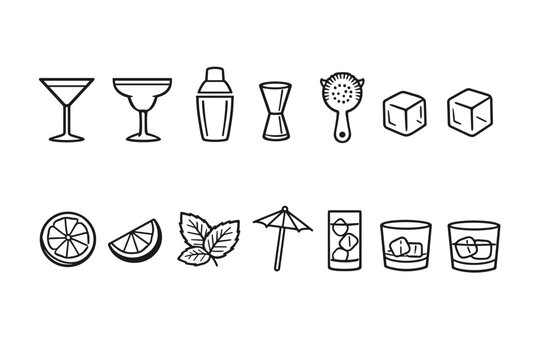 Collection of simple line art icons for cocktails and bar tools