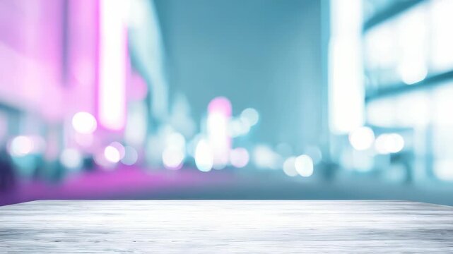 Wooden tabletop in focus against a defocused city street with glowing neon lights, ideal for showcasing items. The contemporary ambiance highlights urban lifestyle and creative design concepts