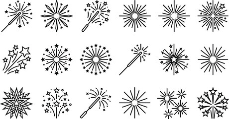 Obraz premium Firework and Sparkler Line Icon Set with Starry Bursts Festive Celebrations and New Year Party Graphic Design Elements for Web Layouts