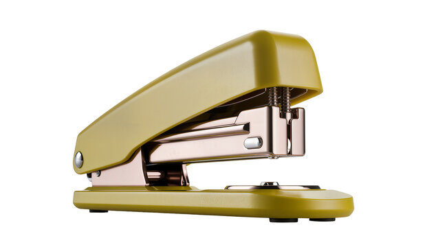 Yellow stapler with rose gold metal parts on white