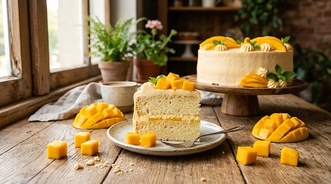 Delicious mango mousse cake slice on a plate with fresh fruit pieces on a rustic wooden table. Mango Chiffon Cake