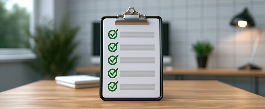In a bright, tidy workspace, a clipboard shows a completed checklist with green checkmarks, symbolizing efficient task management.