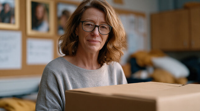 Seasoned high school teacher packs personal belongings from a classroom desk into a cardboard box at day's end, framed student photos and appreciation letters left on the wall