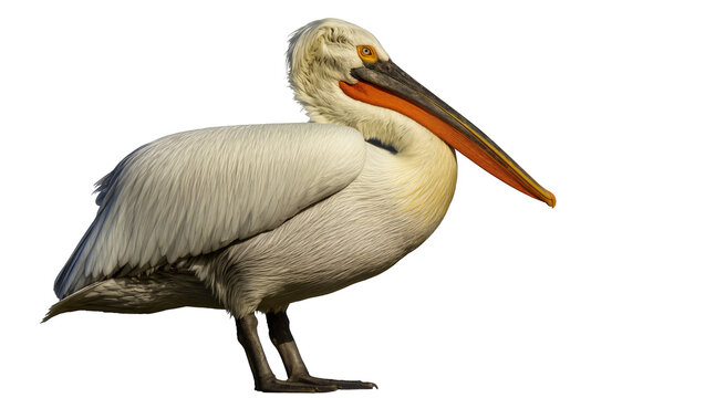 Dalmatian pelican with orange beak and yellow neck feathers