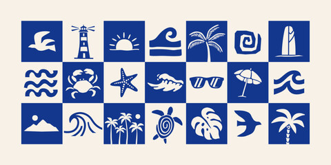 Obraz premium Tropical beach icon vector set with waves, palm trees, surfboards, and coastal symbols. Minimal summer illustrations perfect for branding, travel graphics, and seaside designs.