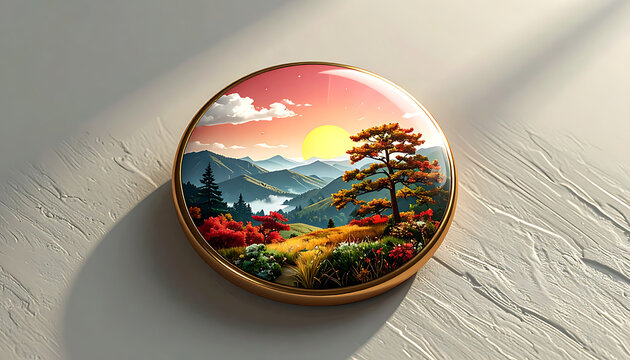 Circular pin with pixel art sunset landscape featuring mountains, pine trees and soft light, decorative badge for accessories