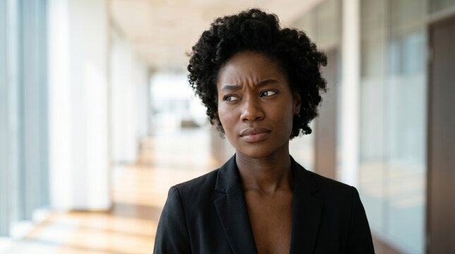 Businesswoman with apprehensive expression looking sideways