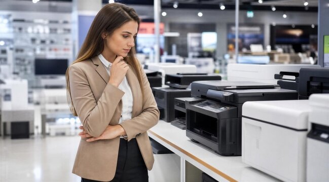 Woman choosing office printer in electronics store