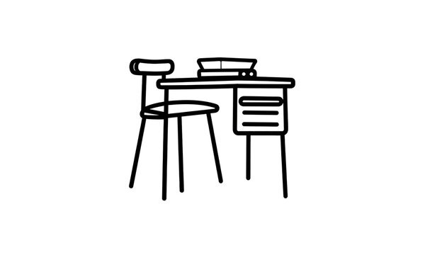 School Desk - A desk with a chair and books, drawn in black on a white background structured and studious