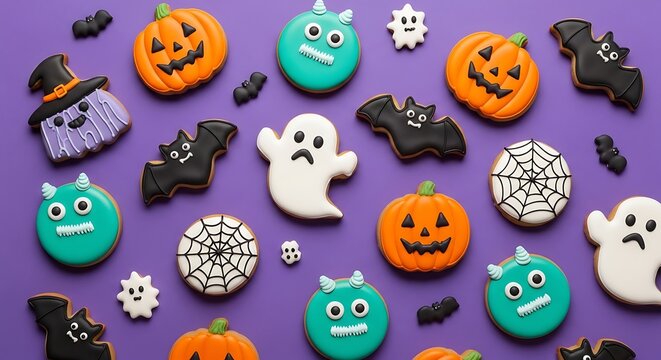Festive halloween cookies assortment with pumpkins ghosts bats spiders
