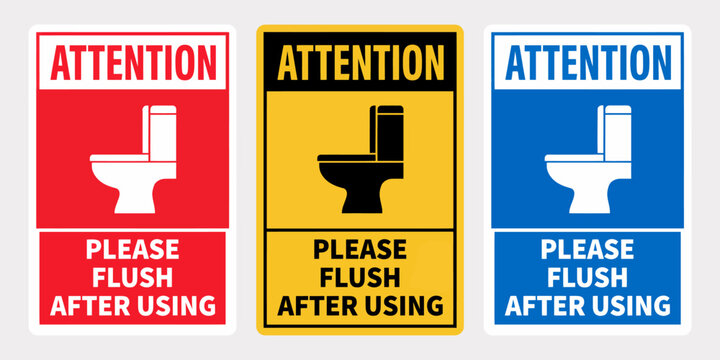 Colorful toilet signs with attention and flush instructions  bathroom warning labels