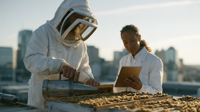 Beekeeper in mesh veil uses a smoker to calm a rooftop hive while a colleague records colony health data on a tablet, urban agriculture research team, commercial building rooftop