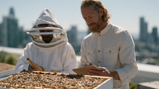 Beekeeper in mesh veil uses a smoker to calm a rooftop hive while a colleague records colony health data on a tablet, urban agriculture research team, commercial building rooftop