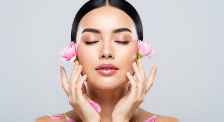 Fototapeta premium Asian woman with long black hair holds pink flowers near her face, showcasing a fresh and radiant skincare look against a light background