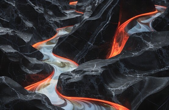Molten lava flowing through black volcanic rock, glowing orange magma stream in dark basalt canyon, dramatic volcanic landscape background