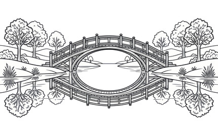 Obraz premium Ornate Bridge Over Calm Water, Reflections, Trees, Landscape Drawing