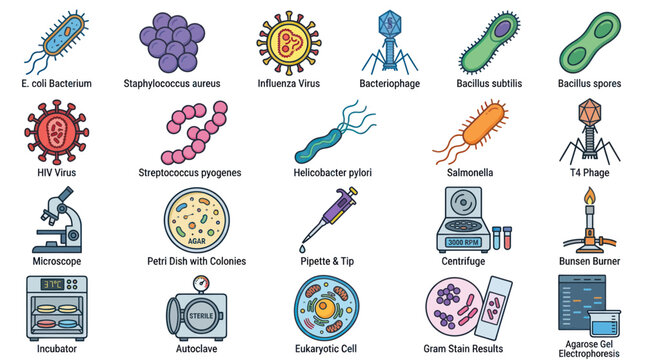 Microbiology Icons: Bacteria, Viruses, and Lab Equipment