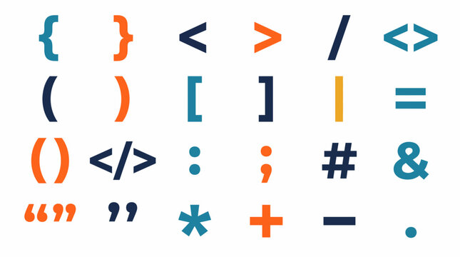 Vector set of programming language syntax symbols and coding characters.