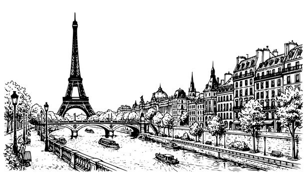 Hand Drawn Paris Cityscape with Eiffel Tower and Seine River Black and White Vector Illustration