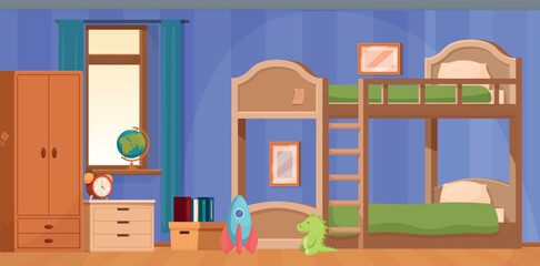 Two boys cartoon room interior design. Bunk bed, toys, wardrobe, box and books. Cozy bedroom for children, siblings with furniture, vector illustration
