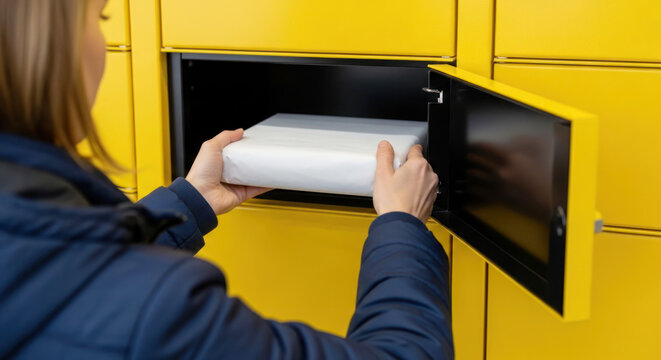Woman retrieves package from yellow delivery locker, wearing a blue jacket, with multiple lockers visible in the background