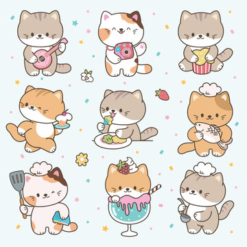 Kawaii cats. Funny kittens different activities. Cat cooking, eating, play music. Adorable kitten sitting in ice cream bowl. Children animal mascots, nowaday vector set