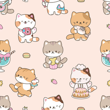 Kawaii cats seamless pattern. Different cartoon kittens, with birthday cake, fish, culinary book, photo camera. Adorable animal print, nowaday vector background