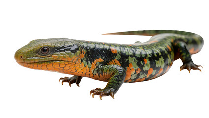 Naklejka premium Green and orange scaled lizard with textured skin