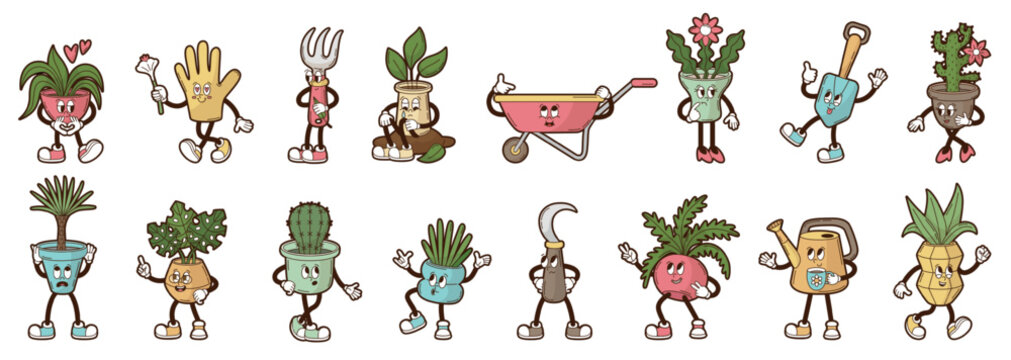 Funny garden tools characters. Shovel, watering can, glove. Isolated groovy plants in pots, green leaves, palm tree, flower and cactus, neoteric vector clipart